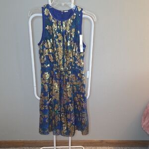 Elie Tahari Metallic Blue and Gold Midi Dress
